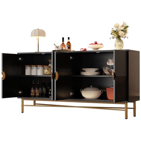 Buffet bas noir à 4 portes texturé avec pieds en métal doré dimensions 160×38,5×82cm, vaisselier et meuble de rangement pour salle à manger et salon