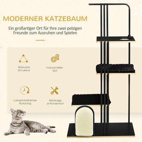 Arbre pour chat style industriel, 3 étagères, 2 coussins, griffoir mural, structure métallique noire, 85x48x170 cm (1/4)
