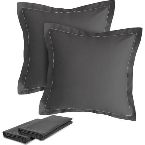 Lot De 2 Taie Oreiller, 40x40 cm Housse de Coussin 100% Coton Lavé, Housse Coussin avec Fermeture Eclair, Ultra-Doux Housse de Coussin, Tissage Serré Taie Oreiller, Gris Foncé (1/5)