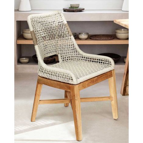 Kos - Chaise à dossier haut en teck massif et corde beige naturelle (1/5)