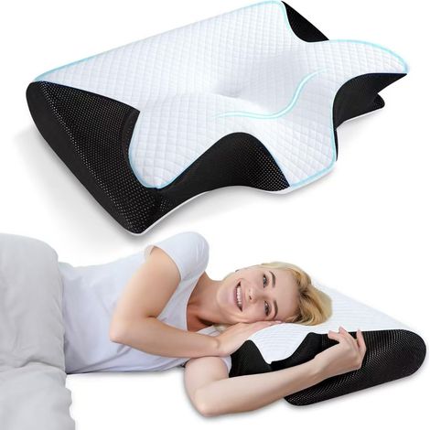Oreiller cervical ergonomique, oreiller pour la nuque 2-en-1 en mousse à mémoire de forme, adapté au sommeil sur le côté et sur le dos, 60 x 40 x 14 cm, noir (1/5)