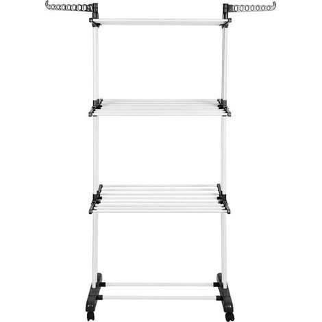Séchoir à linge étendoir pliable ailes latérales sur 3 niveaux inox noir-blanc (1/5)