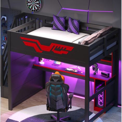 Cama alta gaming 140x200 cm con escritorio, escalera con almacenaje, LED y USB (1/5)