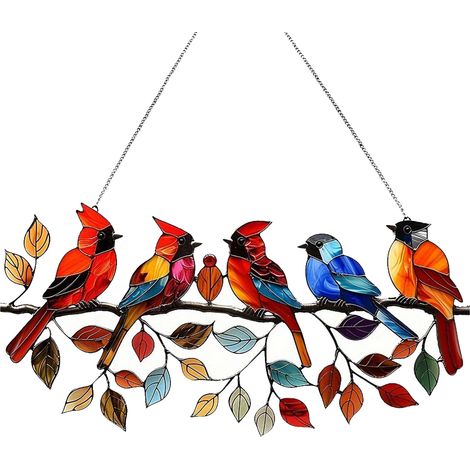 [Placa decorativa] [YKB507] [Acrílico] Placa de pared acrílica con forma de ramas y 4 pájaros multicolores, para decorar espacios habitables. (1/5)