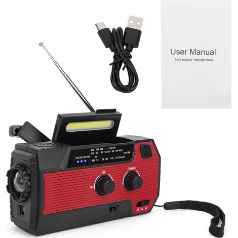 Radio portatile di emergenza per esterni con manovella, alimentazione solare, ricarica USB e allarme SOS rosso - versione USA, 4000 mAh (1/5)