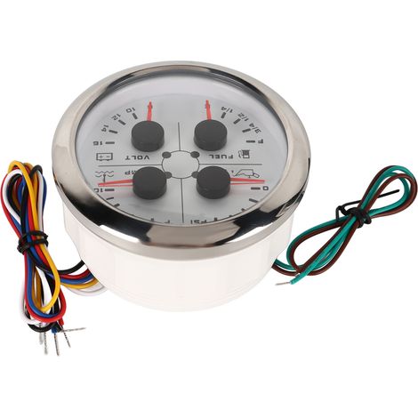 4-in-1 Multifunktionsanzeige 85 mm: Kraftstoffstandanzeige, Öldruckanzeige, Wassertemperaturanzeige, Voltmeter (DC 9–32 V), geeignet für Auto, Wohnmobil, Boot, Motorrad, Weiß/Silber, °F/PSI (1/5)
