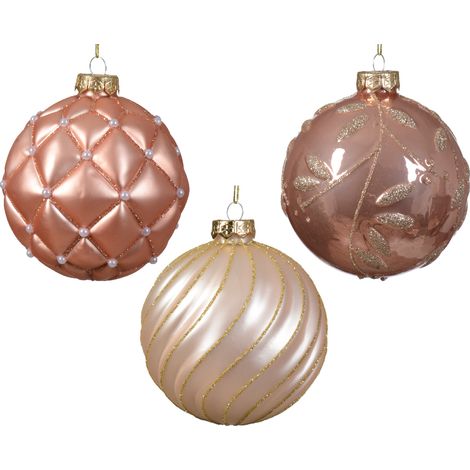 Pallina di Natale Vetro smaltato opaco con motivo a linee a scacchi e foglie miste colore perla/colore ø 10cm