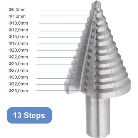 Foret Fraise Meche Etage HSS, Foret Étagé Fraise Conique à Double Fente (5mm-35mm) avec Revêtement Titane, Solide, Parfait Pour Visseuse Percage sur Acier Bois, Plastique, Laiton, Aluminium, PVC(Tige (1/4)