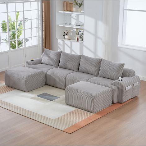 Divano modulare da 4 posti in velluto a coste (panno) con 2 pouf, portabicchieri e tasca laterale, grigio chiaro, 333x174x80 cm (1/5)