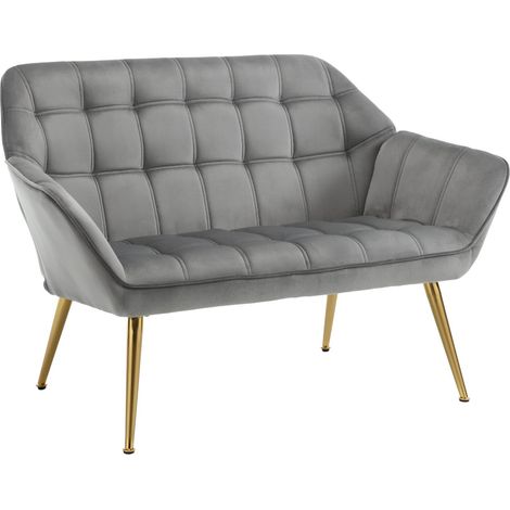 2 Seater Sofa in Velvet Upholstered Modern Couch Comfortable Loveseat Sofa with Metal Legs for Bedroom Living Room, Gray, Wahson