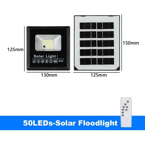 Projecteur solaire LED (50 LED) compatible avec les éclairages extérieurs de jardin, étanches et lumineux pour escaliers et murs. Intensité lumineuse réglable, minuterie et télécommande. (1/5)