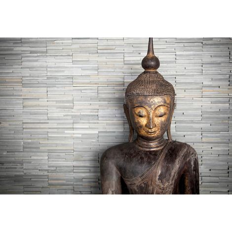 Papier peint panoramique bouddha gris & marron | Tapisserie panoramique salon & salle de bain | Papier peint panoramique zen pour chambre - 384 X 260 cm (8 pièces) (1/2)