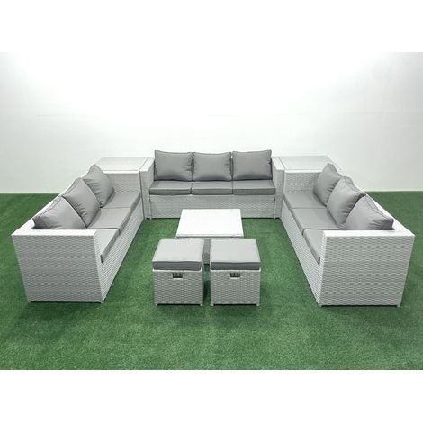 Fimous Ensemble de meubles de jardin en rotin 11 places avec Canapé 2 Petits tabourets 2 Tables d'appoint Gris clair mixte (1/5)