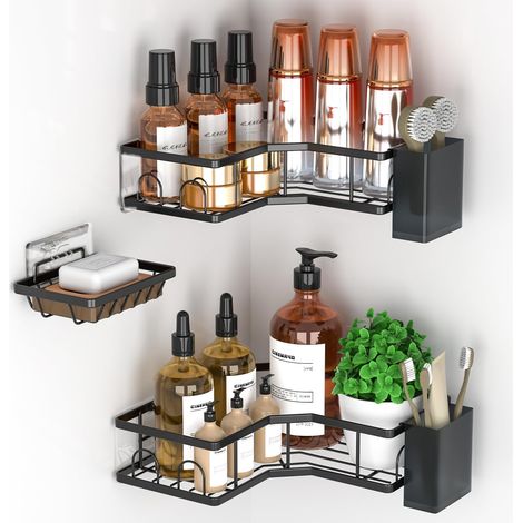 Duschcaddy ohne Bohren, 3-teiliges Duschregal, Badezimmerregal-Organizer mit Saugnapf, Badezimmerregal Edelstahl-Duschkorb für die Dusche, Schwarz