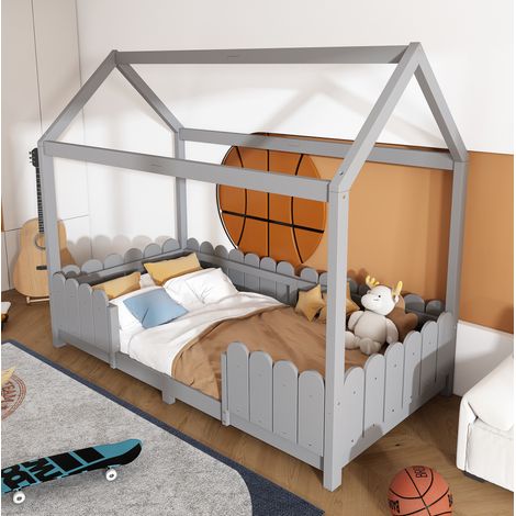 lit chambre enfant maison barriere 90x200 bois gris OKMYHOME (1/5)