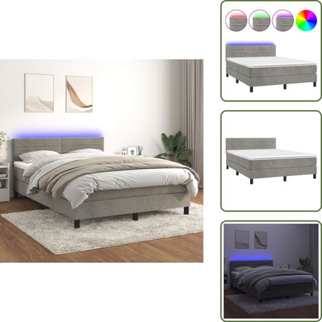 Sommier à lattes de lit avec matelas LED Gris clair 140x200 cm - Lit Plateforme - Lit Capitonné - Lit Design - Lit Velours - Lit Avec Rangement (1/5)