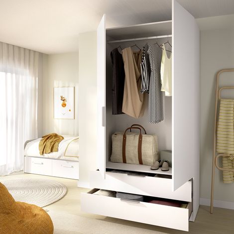 Kleiderschrank 2-Türig Montclare, Schlafzimmer-Schrank mit Einlegeboden, Kleiderstange, 2 Schubladen, 51x204h cm Weiß (1/5)