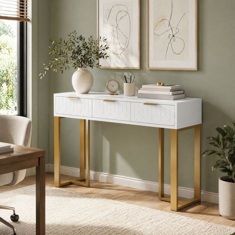 Consolle d'ingresso con cassetti, 120 x 36 x 80 cm, MDF, bianco e dorato OKMYHOME (1/5)
