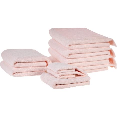 Conjunto de 9 toallas de algodón rosa pastel rizo textura borlas baño Atiu (1/5)