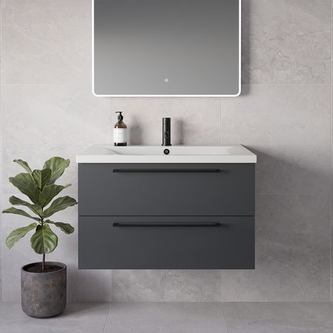 Napoli 460 Gloss Grey 800mm Wall Mounted 2 Drawer Vanity Unit with Glide Basin - 800mm - Matt Black 480mm Handle