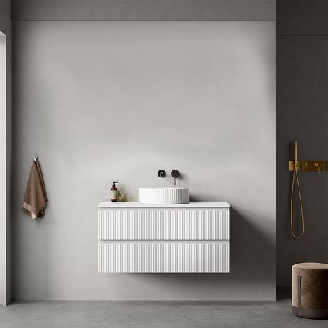 Mobile bagno sospeso cannettato 100 cm Bianco Opaco per Lavabo d'appoggio Senza Specchio - Fiji Paint Top Canneté (1/4)