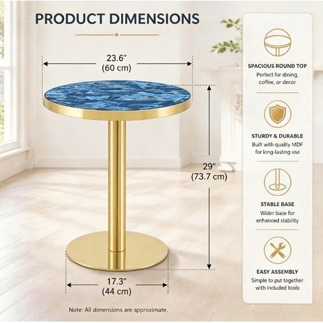 Mesa auxiliar redonda 60x60x73.7 cm azul en MDF y metal con diseño mármol y estructura estable (1/5)