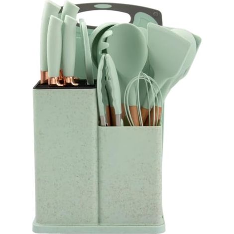 Ensemble de 19 ustensiles de cuisine en silicone, vert clair, avec tube de rangement et support de couteaux, résistant à la chaleur pour usage domestique (1/5)