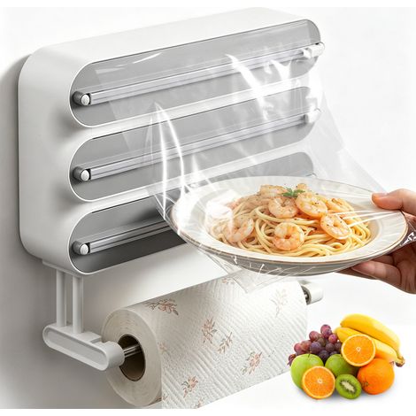 Distributeur mural pour papier d'aluminium et film étirable – Lame tranchante – Distributeur de film alimentaire 4 en 1 avec Magnétique et hameçons (1/5)