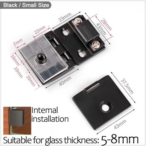 (Intérieur petit noir) Kit de charnière pivotante à 90° pour porte en verre (1 pièce), charnière de douche, clip de fixation avec vis pour vitrine, compatible avec verre de 5 à 10 mm. (1/5)