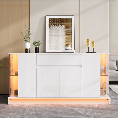 MODFU – Buffet 150x40x75 cm panneaux particules – 2 vitrines verre et LED par app – Tiroir et charge 60 kg – Salon – Blanc brillant (1/5)