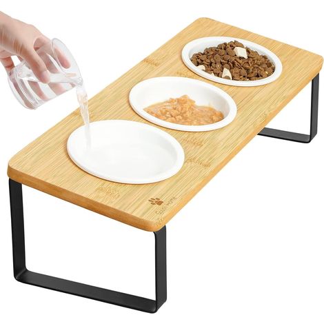 Gamelle Chat Surélevée Ceramique Bol Surelevee pour Chat 3 Bols Ø11cm Support Gamelles pour Chats Incline 15°Anti Vomissement Ergonomique Porte Bois