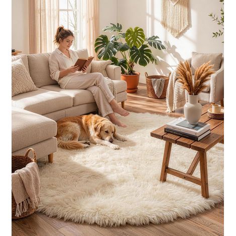 Tapis Rond à Poils Longs 100 CM Crème Tapis Chambre Lavable Antidérapant Ultra-Doux Lavable, chambre d'enfant fille garçon, chambre à coucher, moelleux, dessous antidérapant (1/5)