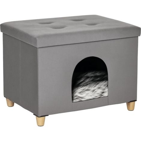Poggiapiedi 2 in 1 per gatti a forma di grotta con cuscino, gambe in legno, cuccia, cestino per gatti, poggiapiedi imbottito, design elegante, peluche in MDF rimovibile, grigio, 60 x 45 x 44,5 cm, dis (1/5)