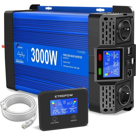 Convertisseur 3000W/6000W 12v 220v Pur Sinus Onduleur  2 Prises UE, 2 Ports USB+Type-C, adapté aux appareils électroménagers, Camping,Camion (1/5)