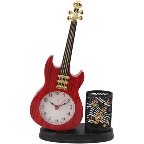 Vintage Guitar Shape Desk Clock Stable Base ABS Battery Powered Alarm Clock with Pencil Holder for Bedroom Office (1/5)