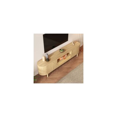 Meuble TV avec tiroirs en rotin, plateau arrondi, pieds en métal et aspect bois, 175x36x31 cm (1/5)