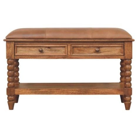 Panca in legno massello con struttura in pelle, 2 cassetti, 1 ripiano aperto, colore marrone. Disponibile in loco.