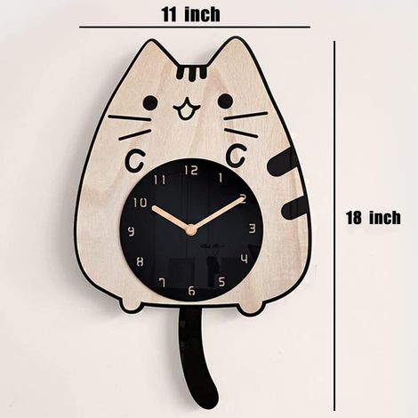 Horloge murale silencieuse et créative en bois, ornée d'un chat qui remue la queue et les yeux. (1/4)