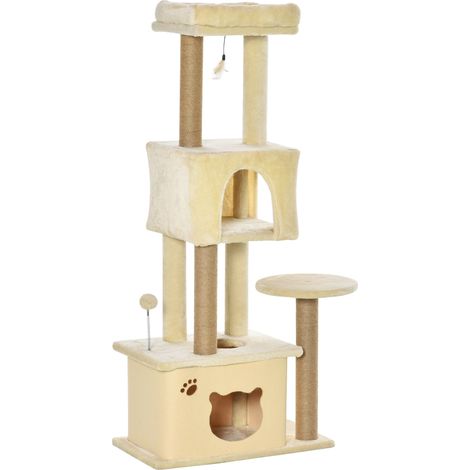 Katzenbaum für ausgewachsene Katzen mit herausnehmbarem Bett, mehrstufigem Kratzbaum mit Juteseilen, 2 Betten und Spielbällen, 60 x 34 x 136 cm, Beige