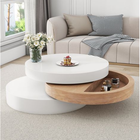 Tavolino da caffè girevole 60 x 60 x 35,1 cm con contenitore, bianco e naturale DESVIAE (1/5)