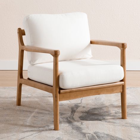 Wahson Fauteuil Salon Confortable Fauteuil Scandinave en Bois Fauteuil Loisir Moderne avec Assise Épais, Chenille, Blanc