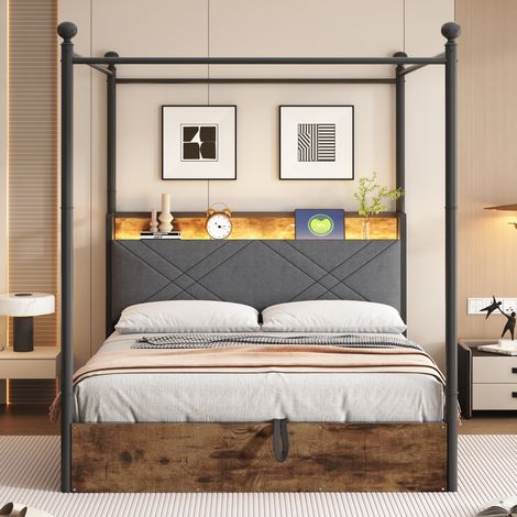 Cama con dosel 140x190 cm negra de metal con almacenaje hidráulico, LED y puertos USB/Type-C (1/5)