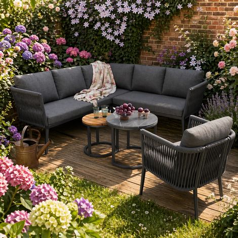 Salon de jardin 5-6 personnes avec canapé d’angle, table incluse, coussins inclus, réglable, confort extérieur, en rotin PE, gris (1/5)