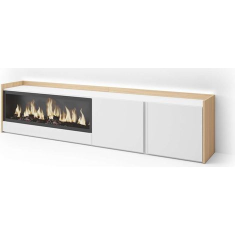 Mueble TV Riogordo-01 de 212x50x35 cm con chimenea y luces LED, color blanco y roble soft (1/4)