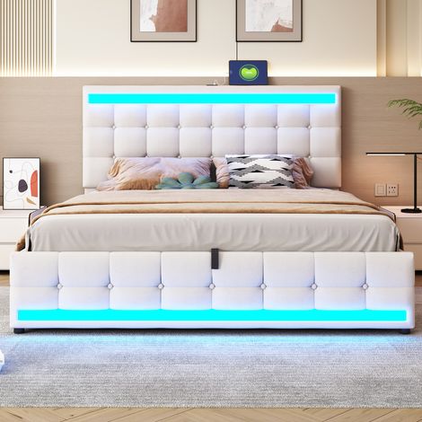 Polsterbett Stoff Beige 180x200 cm mit LED-Beleuchtung, USB-Anschlüssen und verstellbarem Kopfteil