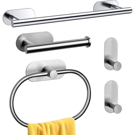 Ensemble porte-serviettes de salle de bain en acier inoxydable, crochets autocollants et porte-papier toilette (argent, 5 pièces) (1/5)