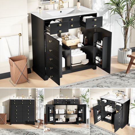 Meuble De Salle De Bain Noir Avec Détails Dorés Et Vasque En Céramique, Tiroirs Et Placard De Rangement, Design Moderne Élégant Et Haut De Gamme