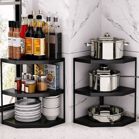 Étagère d'angle de cuisine compacte en forme d'éventail, gain de place, stable, en acier au carbone, support pour casseroles et poêles, 3 niveaux, noir, 27 x 27 x 45,5 cm (1/5)