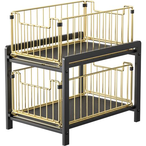 Rangements sous Evier 2 Niveaux Organisateur Coulissant avec 2 Tiroirs Porte-épices pour Comptoir de Cuisine Organisateur pour Salle de Bain, Cuisine, Bureau (Ordinaire, NoirOr)