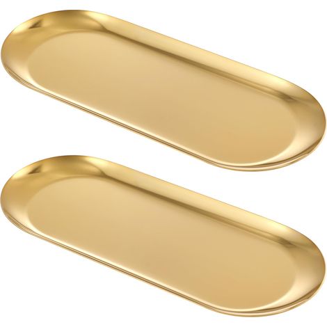 Juego de 2 bandejas decorativas doradas, bandejas de mesa para baño, bandejas decorativas de acero inoxidable para joyas, bandejas de almacenamiento para frascos de perfume, llaves, velas, ovaladas